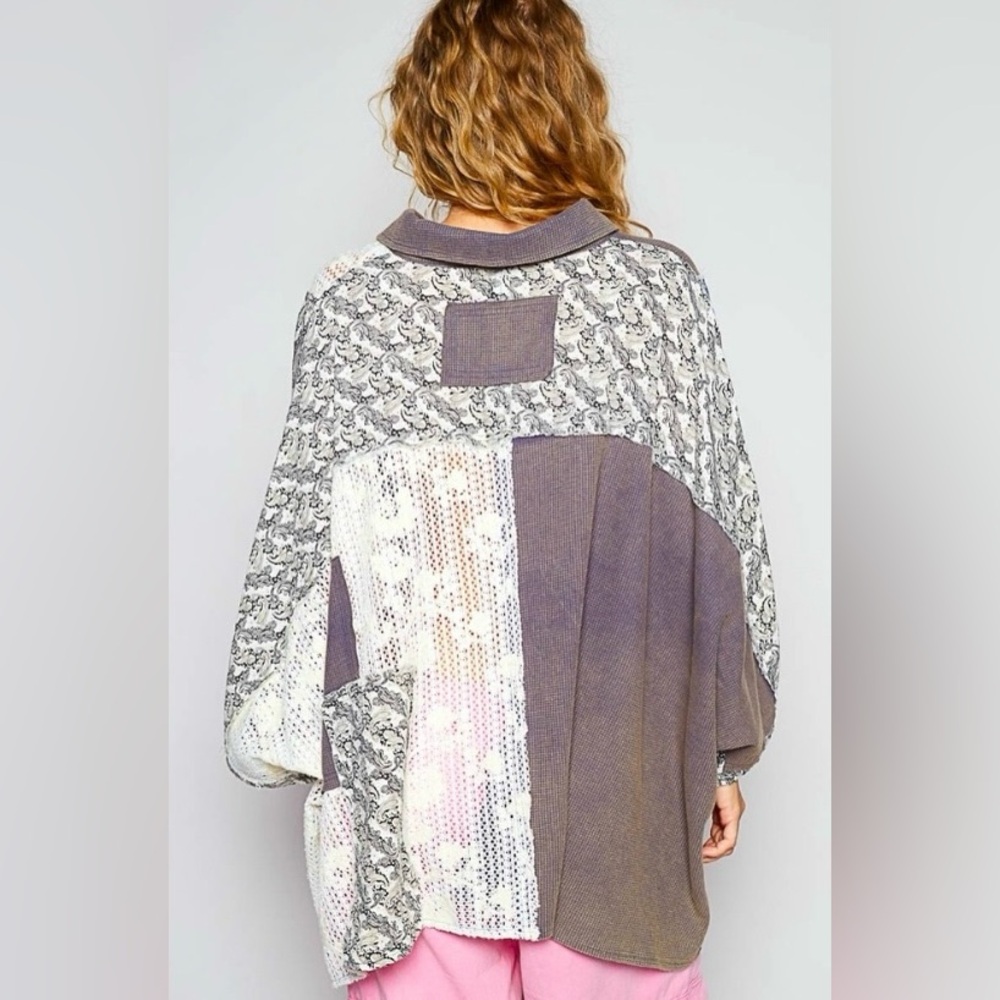 POL Floral Patchwork Lace Button-Up Oversized Shi… - image 15